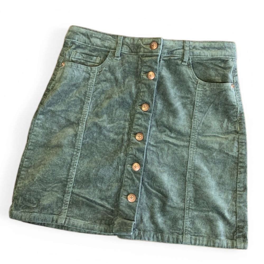 Green Corduroy Button Front Mini Skirt Cottagecore Fall Aesthetic Size 16